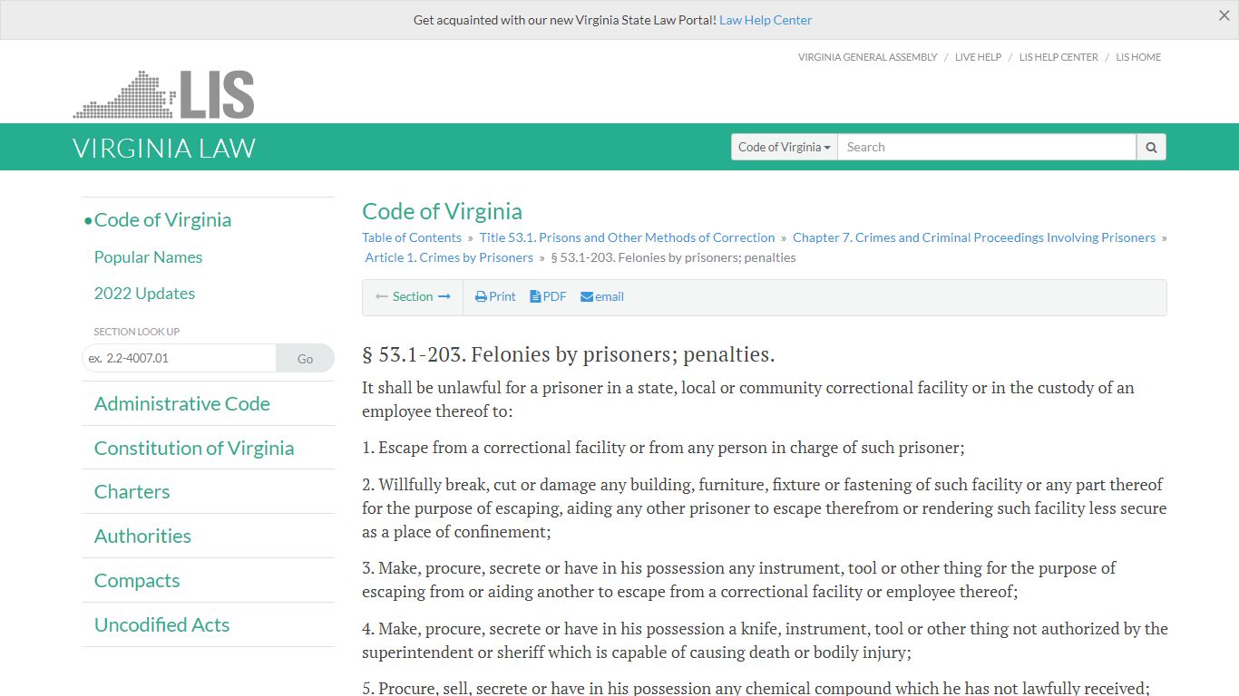 § 53.1-203. Felonies by prisoners; penalties - Virginia