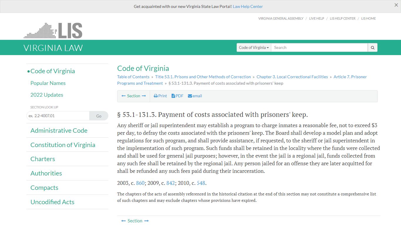 § 53.1-131.3. Payment of costs associated with prisoners' keep - Virginia