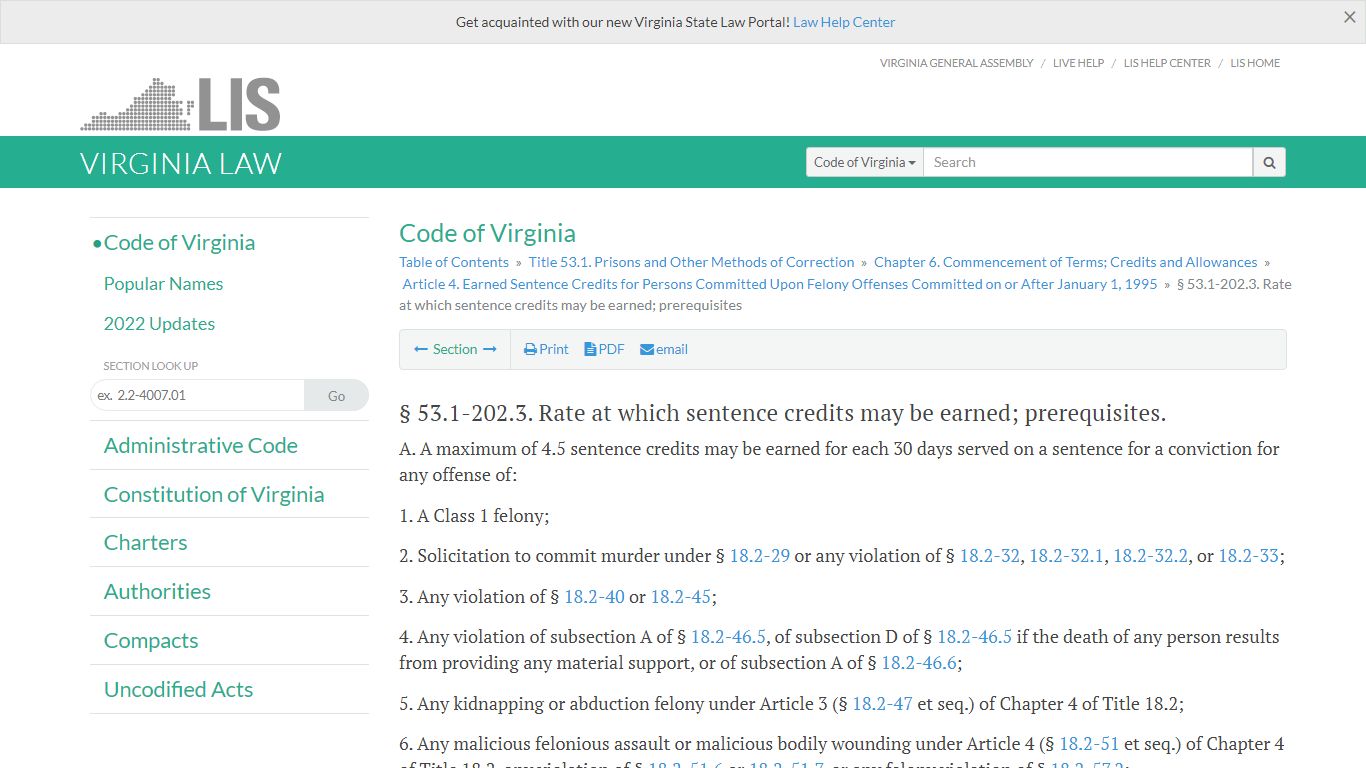 § 53.1-202.3. Rate at which sentence credits may be earned ... - Virginia